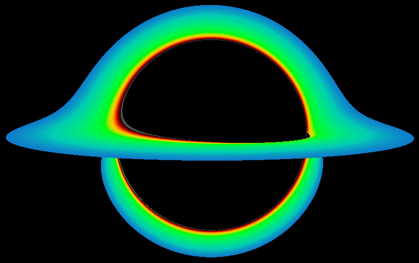 Rendering of a rotating black hole's accretion disk with visible redshift